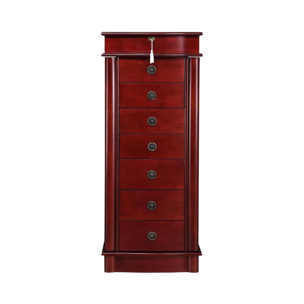 Alveare Home North Locking 7-Drawer Jewelry Armoire – Spacious Organizer with Mirror, Necklace Hooks &amp; Anti-Tarnish Lining, Cherry