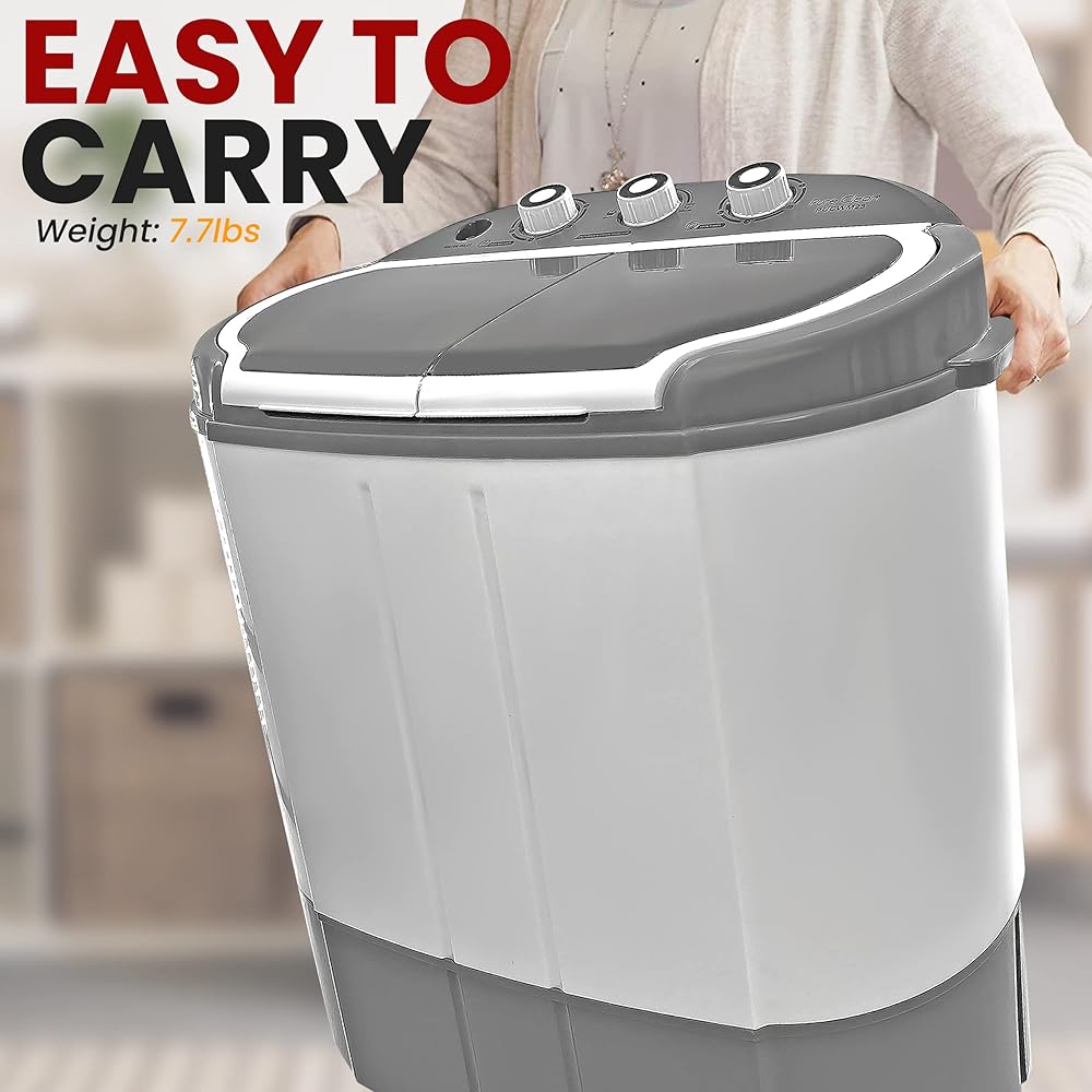 Pure Clean Compact Home Washer &amp; Dryer, 2 in 1 Portable Mini Washing Machine, Twin Tubs, 11lbs. Capacity, 110V, Spin Cycle w/Hose, Translucent Tub Container Window, Ideal for Smaller Laundry Loads, Gray