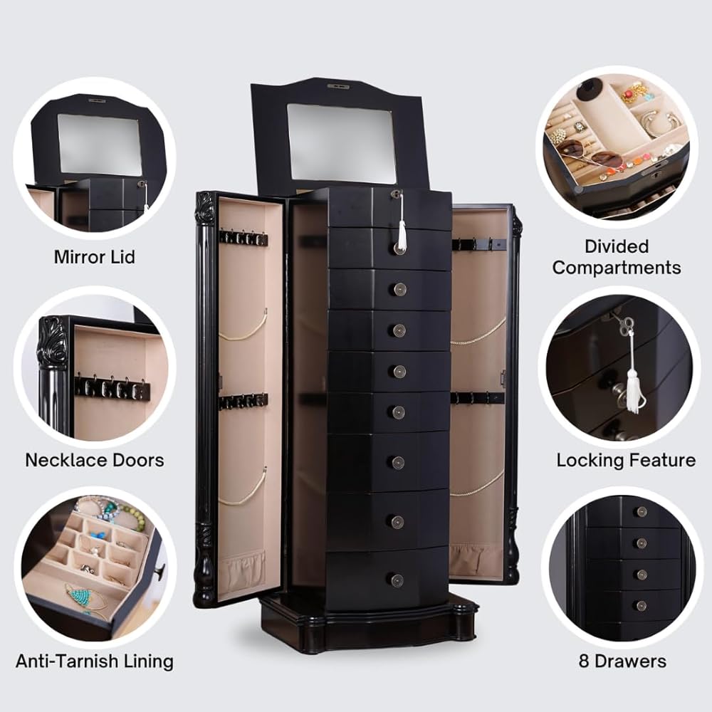 Hives and Honey Roman Jewelry Armoire Locking Jewelry Storage Organizer, Black