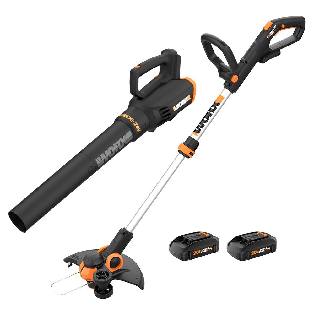 Worx 20V String Trimmer Cordless &amp; Edger 3.0 + Leaf Blower Cordless with Battery and Charger Turbine, Black and Orange