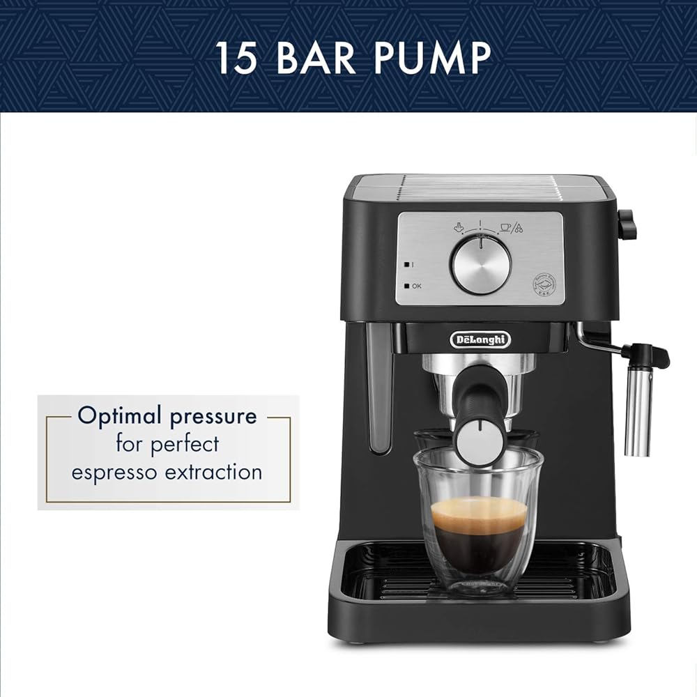 De'Longhi Stilosa Manual Espresso Machine, Compact Coffee Maker, 15 Bar Pump Pressure, Manual Milk Frother Steam Wand for Authentic Single &amp; Double Espresso, Lattes &amp; Cappuccinos, Tamper Included