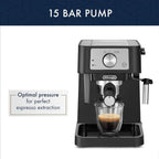 De'Longhi Stilosa Manual Espresso Machine, Compact Coffee Maker, 15 Bar Pump Pressure, Manual Milk Frother Steam Wand for Authentic Single &amp; Double Espresso, Lattes &amp; Cappuccinos, Tamper Included