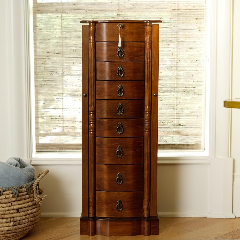 Hives and Honey Sheffield Traditional Standing Jewelry Armoire Cabinet, Antique Locking Storage Organizer with Mirror, 8 Drawers, Necklace Hooks, Anti-Tarnish Lining, Walnut