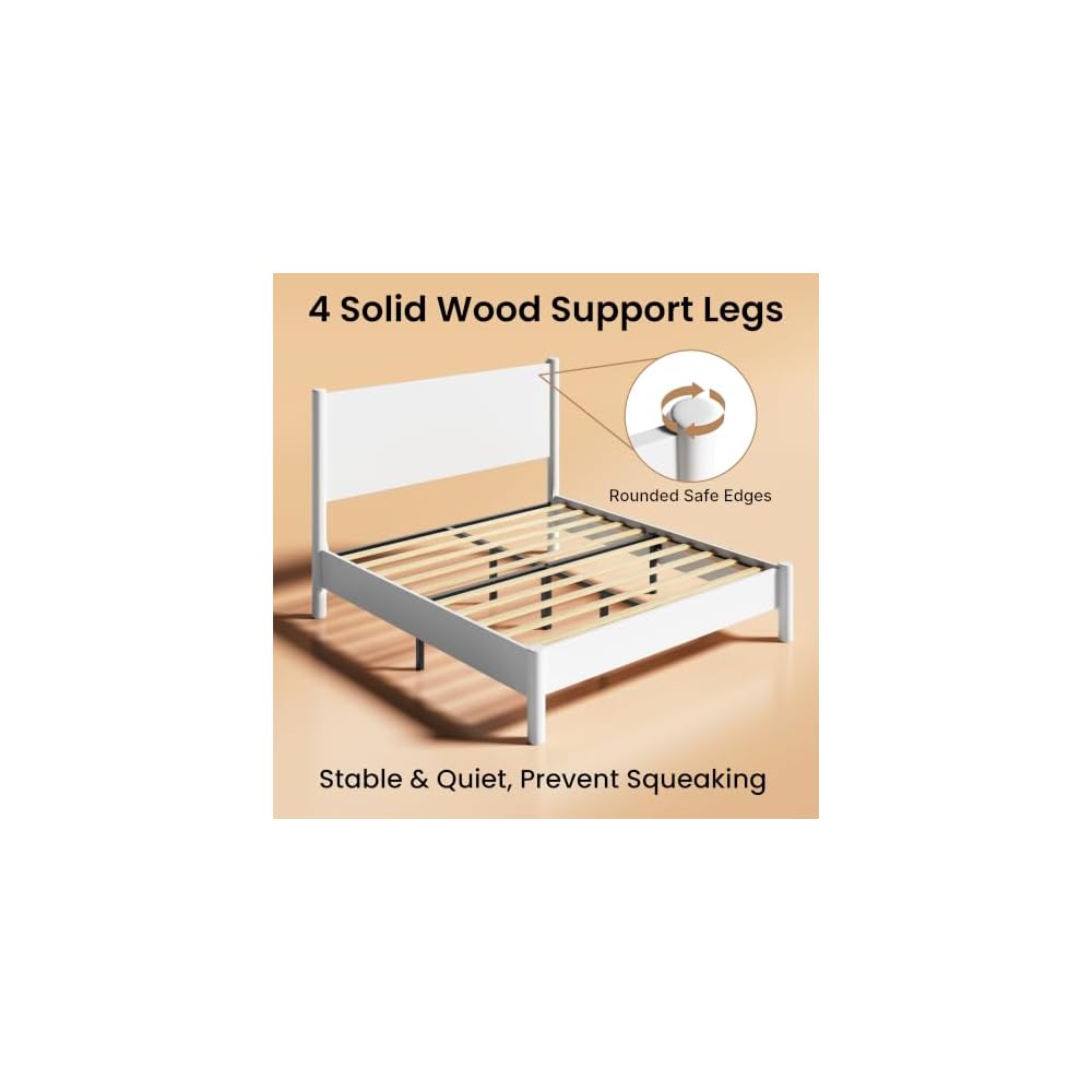 King Size Platform Bed Frame with Wood Headboard, White
