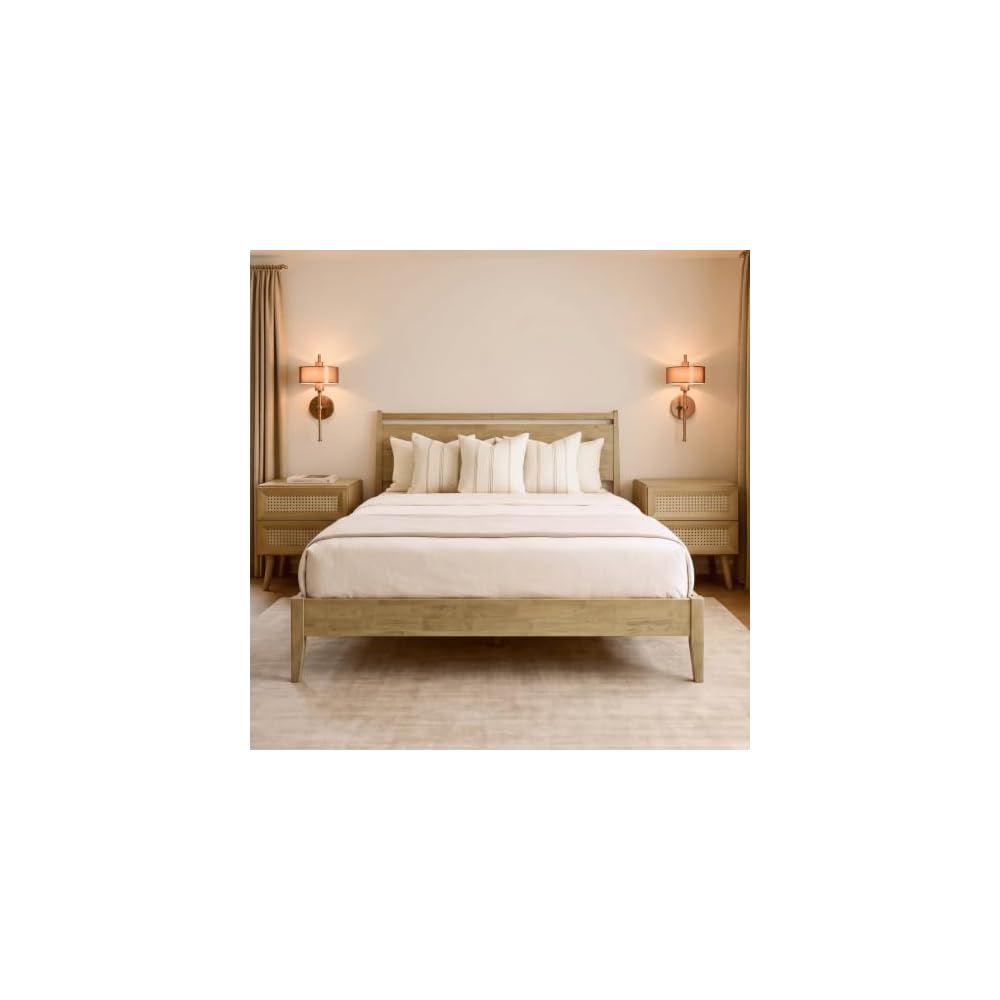 Adept Wooden Bed Frame with Headboard, Solid Wood Foundation with Silent Slats and Wood Central Supports, 1000 Lb Capacity, Effortless Assembly, Queen - Sand