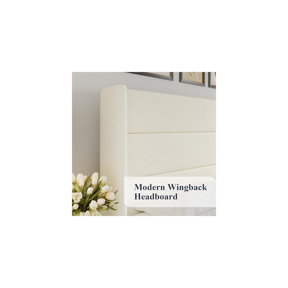 Queen Size Chenille Lift Up Hydraulic Storage Bed Frame Cream White