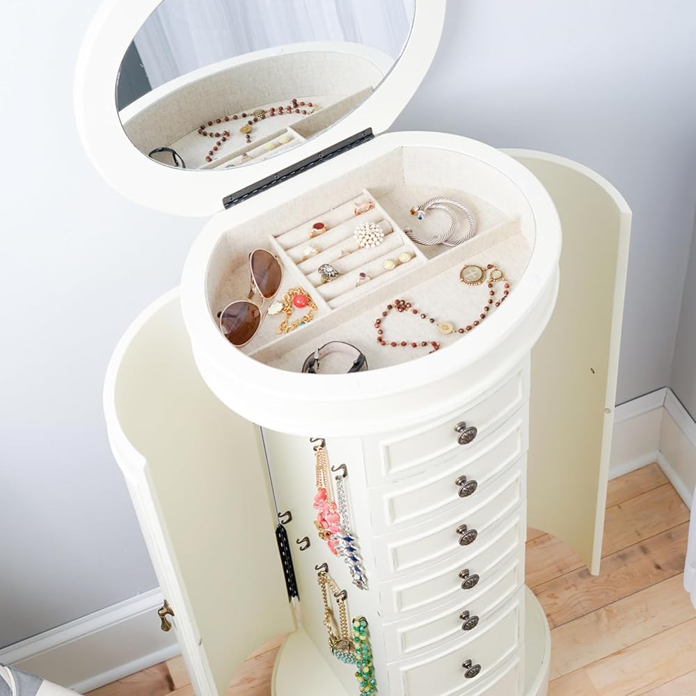 Hives and Honey Blair Oval Standing Jewelry Armoire, Organizer with Mirror Lid, Side Doors, 7 Drawers, Jewelry Box for Necklaces, Earrings, Bracelets, Ivory