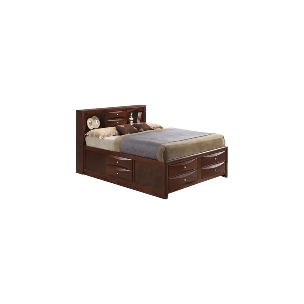 Contemporary King Storage Bed, Wood Veneers, Cherry Finish, 49" H x 80" W x 92" D, 8 Dovetailed Drawers with Beveled Fronts, Bookcase Headboard, Bedroom Furniture