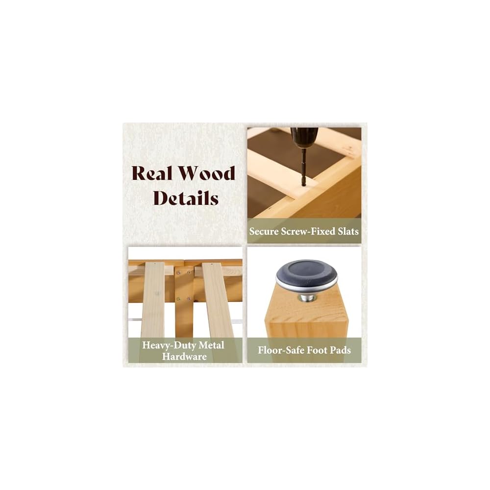Solid Wood King Size Bed Frame with 46" Headboard, Light Wood