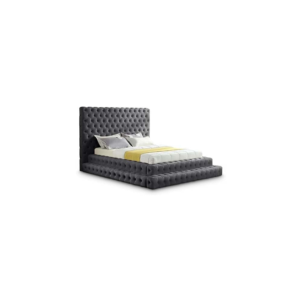 RevelGrey-Q Revel Collection Modern | Contemporary Grey Velvet Upholstered Bed with Deep Button Tufting, 85" W x 98" D x 60" H, Grey, Queen