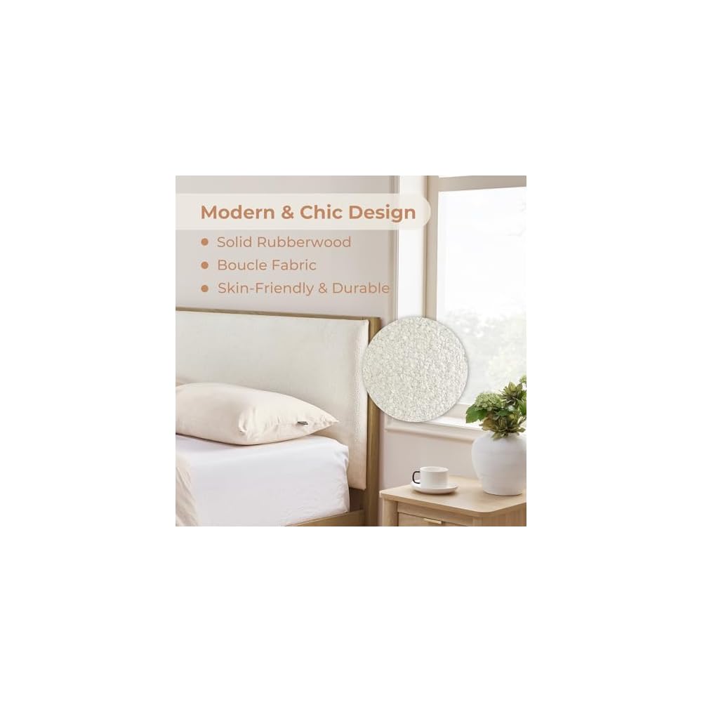 Queen Size Platform Bed Frame, with Boucle Upholstered Headboard, Oak