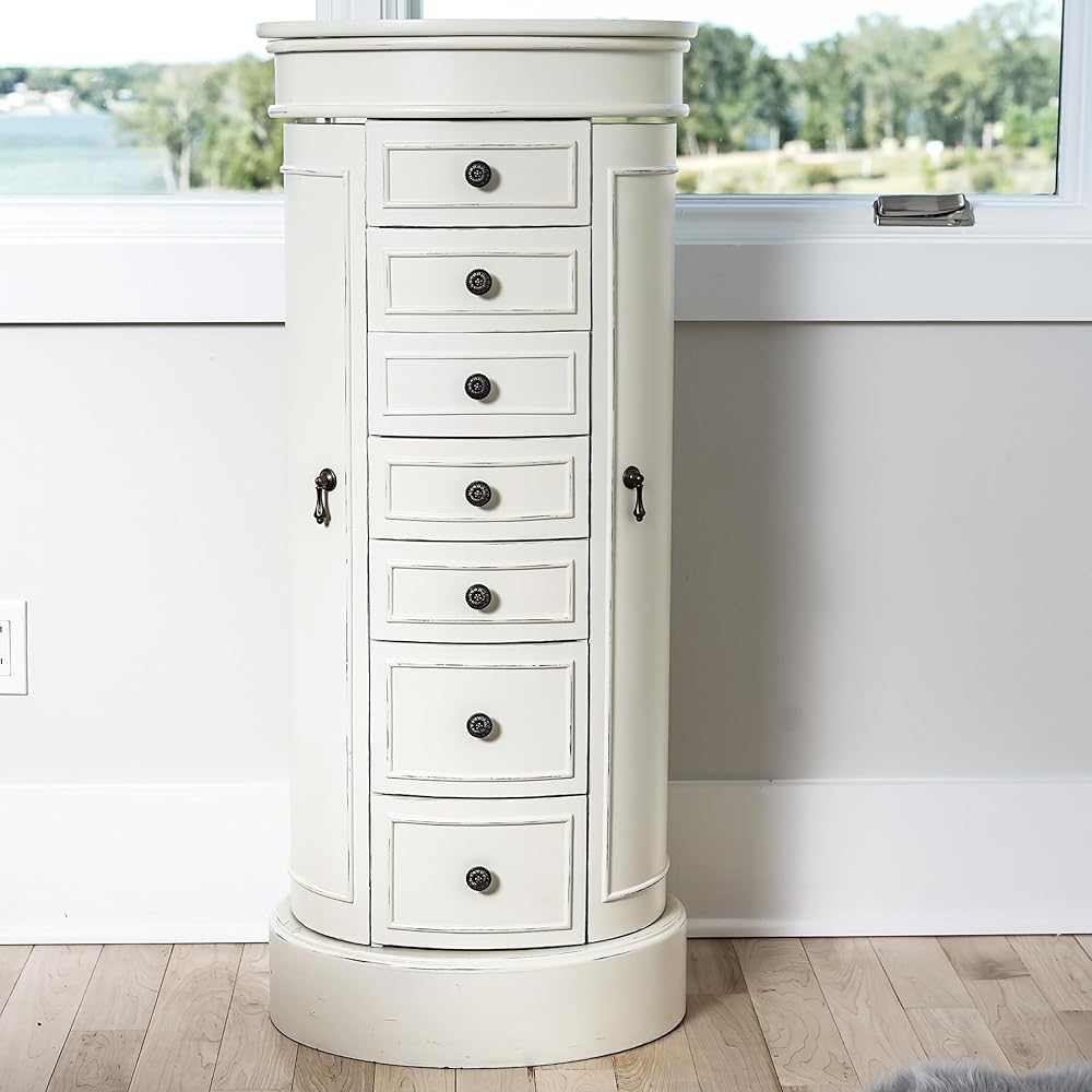 Hives &amp; Honey Bailey Oval Standing Jewelry Armoire Cabinet, Jewelry Storage Organizer with Mirror Lid, 2 Side Doors, 7 Drawers, Jewelry Chest, Jewelry Box for Necklace, Earring, Bracelet, Ivory