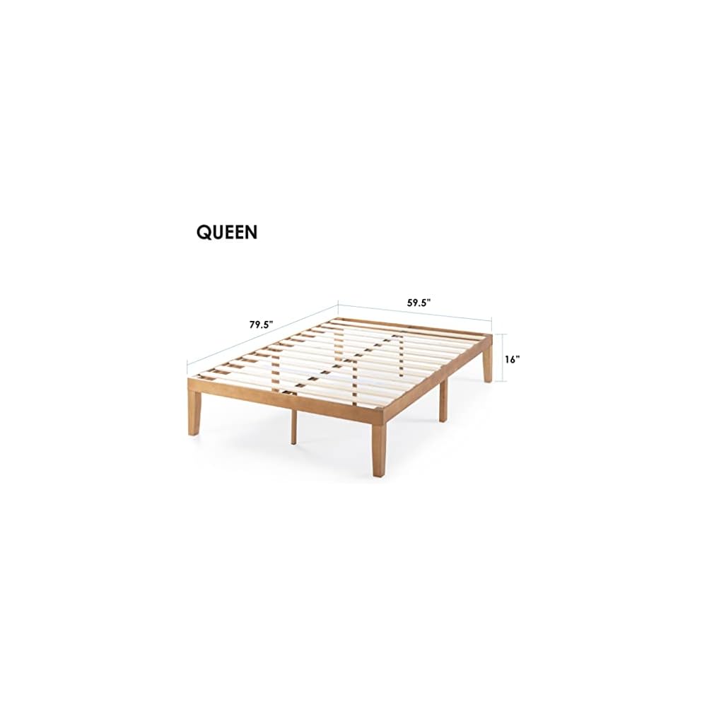Naturalista Classic 16 Inch Solid Wood Platform Bed with Wooden Slats, Natural Pine, Queen