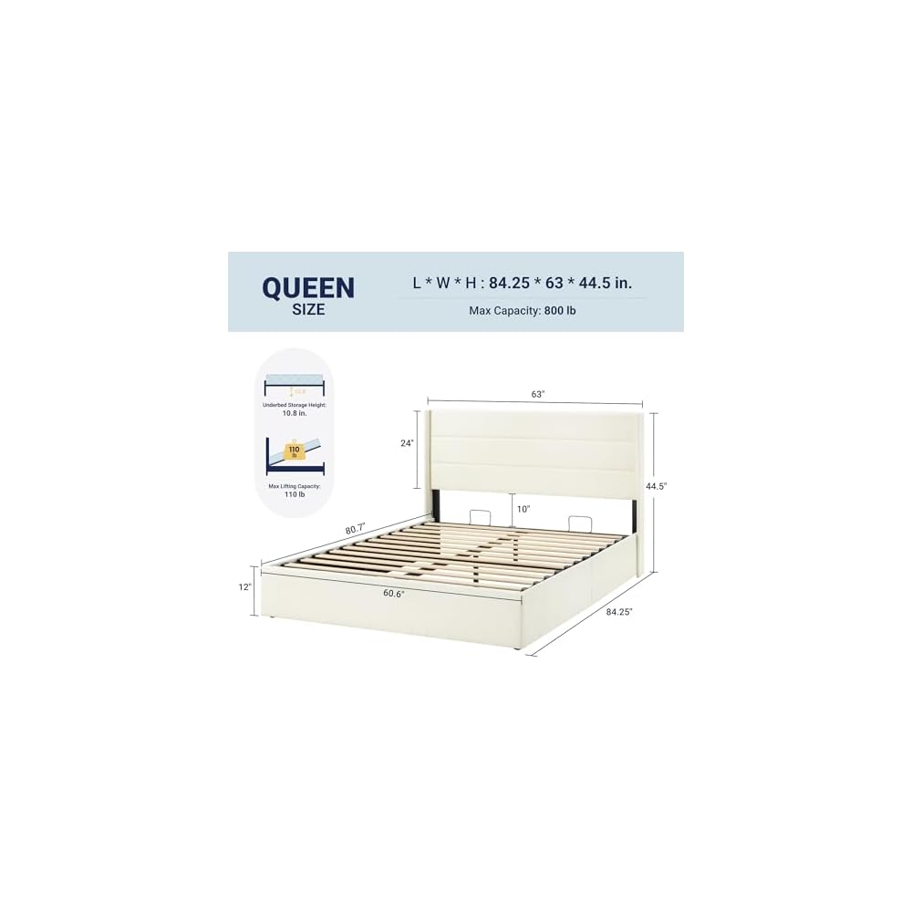 Queen Size Chenille Lift Up Hydraulic Storage Bed Frame Cream White
