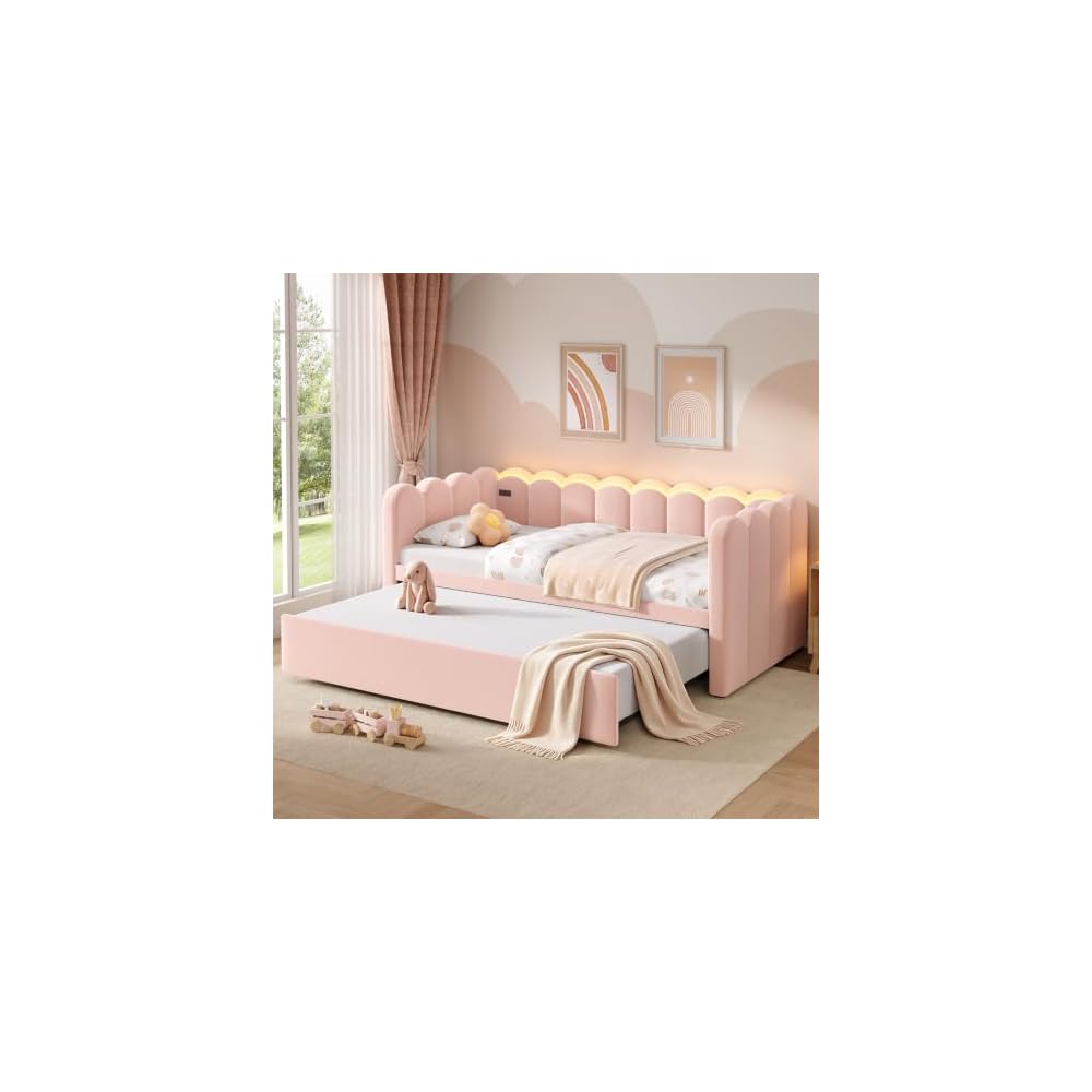 Twin Velvet Upholstered Daybed with Pop Up Trundle, Twin Size Sofa Day Bed with LED Light & USB Port, Waved-Shape & Vertical Stripes Design, for Living Room, Bedroom, Guest Room, Pink