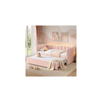 Twin Velvet Upholstered Daybed with Pop Up Trundle, Twin Size Sofa Day Bed with LED Light & USB Port, Waved-Shape & Vertical Stripes Design, for Living Room, Bedroom, Guest Room, Pink