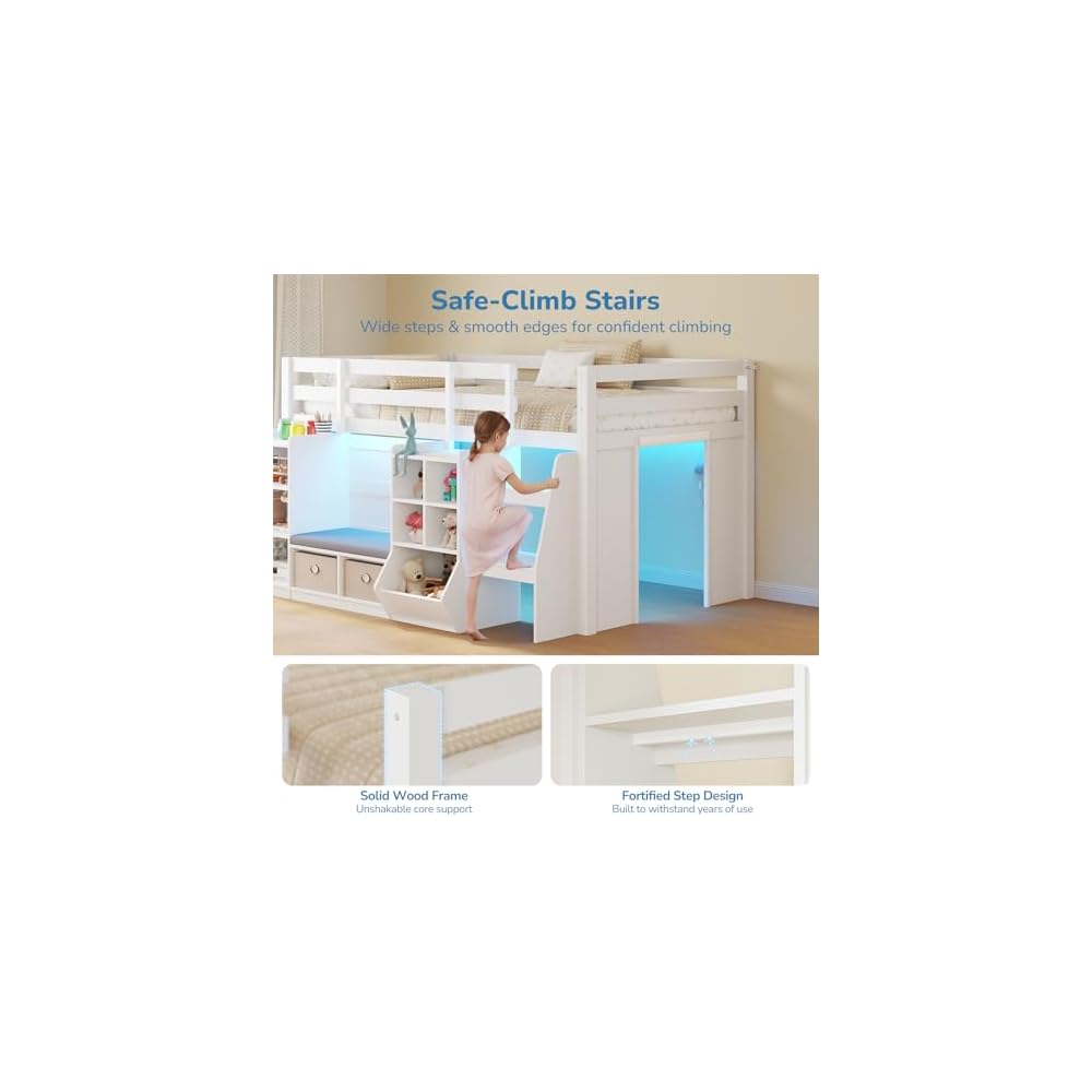 Low Loft Bed Twin Size with LED Lights, Wooden Kids Twin Loft Bed with Storage Bookcase, Toy Box, Reading Nook and Secret Play Space, Modern loft Bed with Stairs and Safety Guardrails for Boys Girls
