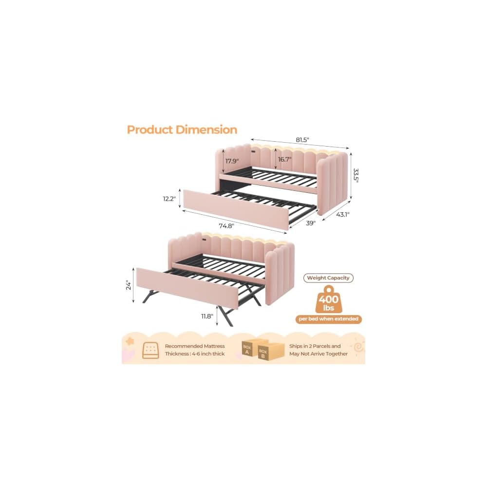 Twin Velvet Upholstered Daybed with Pop Up Trundle, Twin Size Sofa Day Bed with LED Light & USB Port, Waved-Shape & Vertical Stripes Design, for Living Room, Bedroom, Guest Room, Pink
