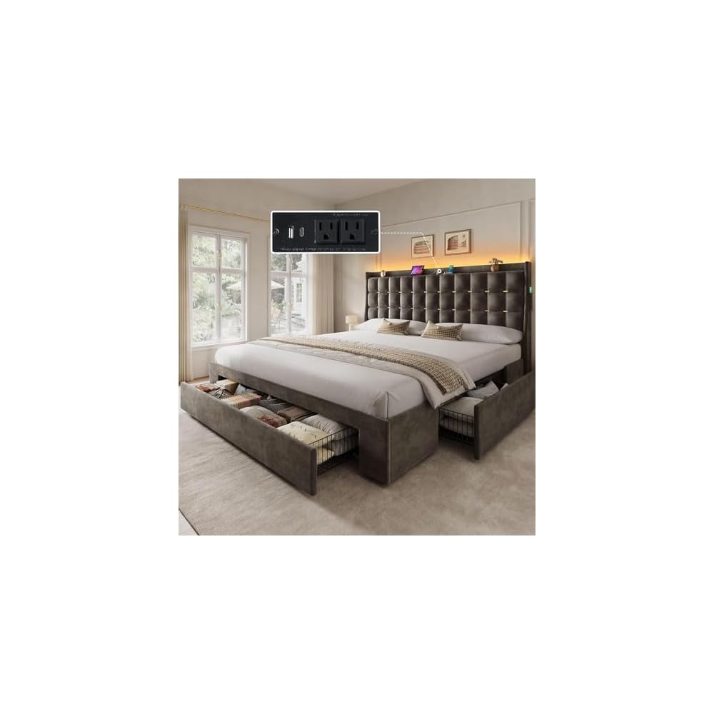 King Size Bed Frame with 3 Storage Drawers and RGB LED Lights