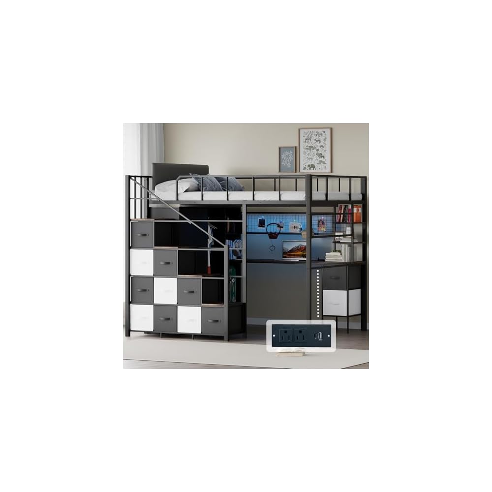 Full Size Loft Bed with Desk, Stairs & LED Light, Metal Gaming Loft Bed Frame with Headboard, Safety Guardrails, Charging Station, Closet & Fabric Drawers, Space Saving, Black & Burnt Wood