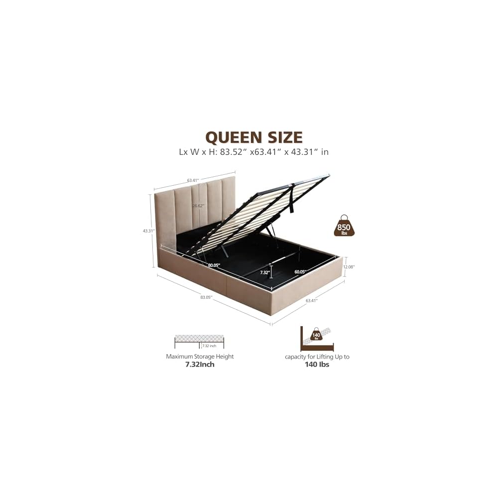 Queen Size Lift-Up Hydraulic Storage Bed, Beige Linen Upholstered Platform Bed with Vertical Channel Headboard, Wooden Slat Support, No Box Spring Needed, Easy Assembly