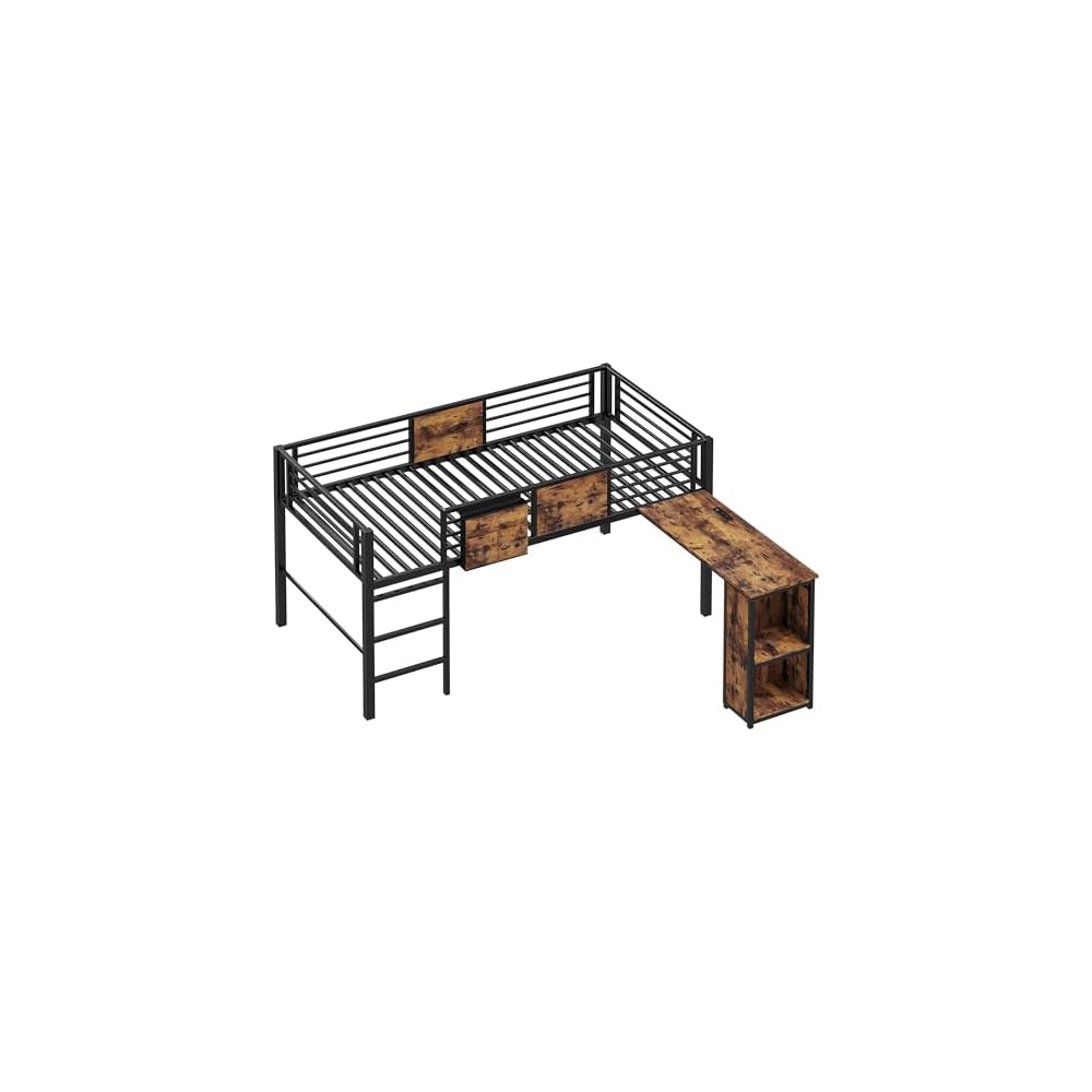 Low Loft Bed Twin Size with Desk & 25 Heavy-Duty Steel Slats