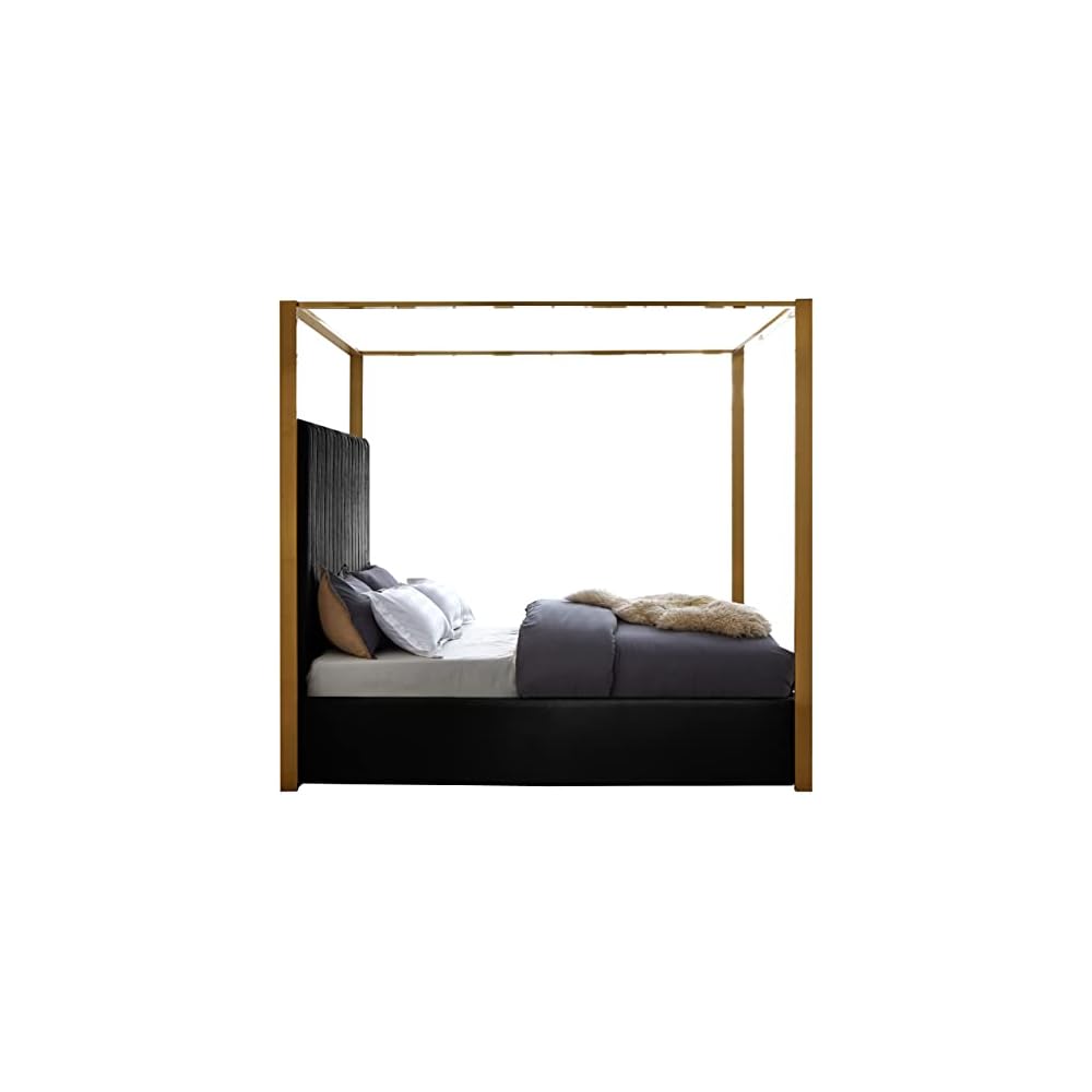 JonesBlack-Q Jones Collection Modern | Contemporary Upholstered Queen Bed, Black Velvet, Channel Tufting, Brushed Brass Frame, 66.5" W x 86.5" D x 79" H, Black, Queen