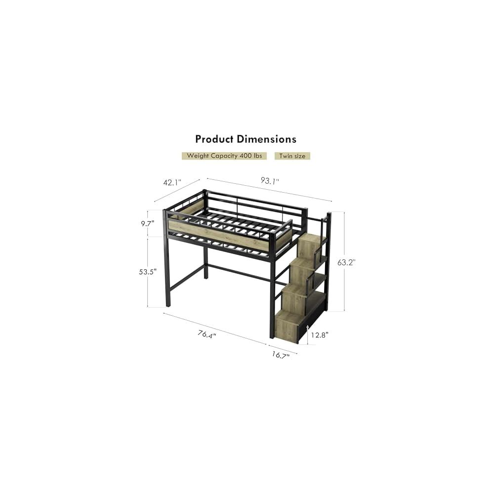 Heavy Duty Loft Bed Twin Size Bunk Bed with Storage Cabinet, Black