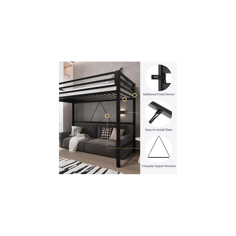 Metal Loft Bed Twin Size with Guardrail and Ladder,Black