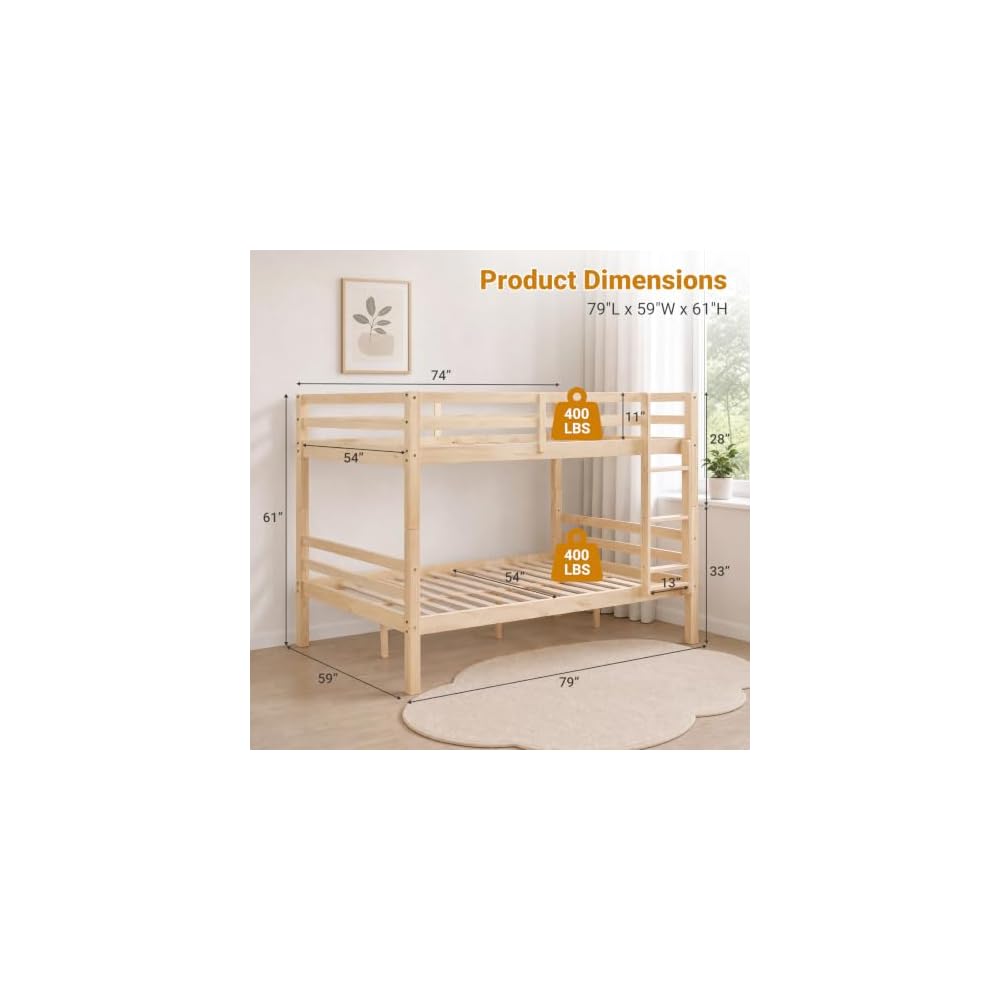 Full Over Full Bunk Bed with Thick Posts, Wood Bunkbed, Natural