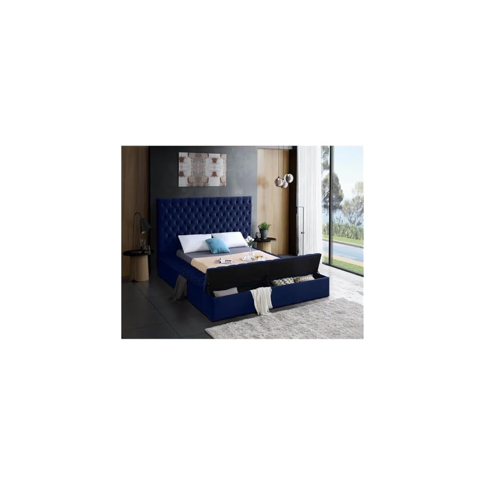 King Bed, Solid Wood Frame, Navy Tufted Velvet Fabric, 96" W x 98" D x 60.5" H, Storage Rails, Footboard, Full Slats, Modern Style Bedroom Furniture