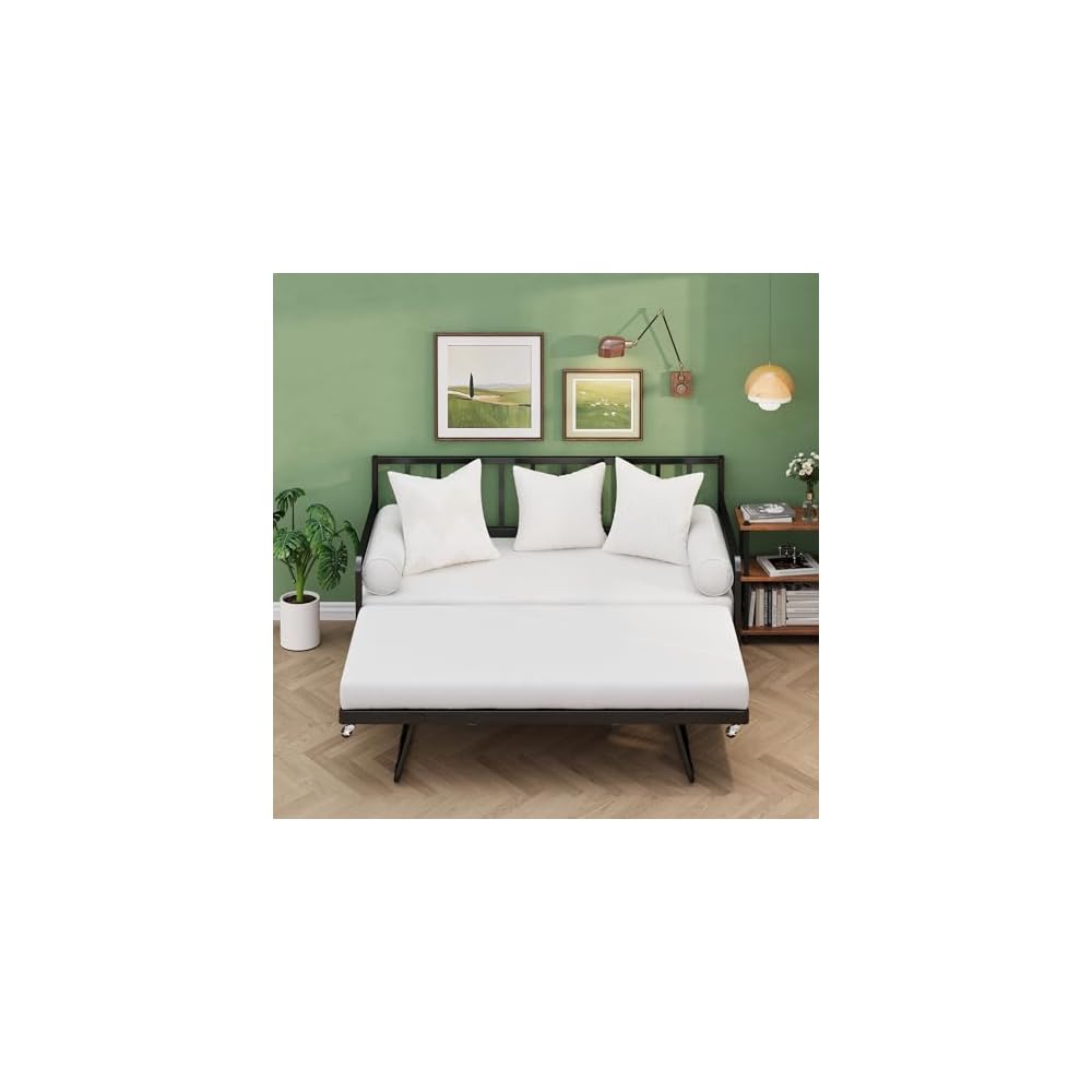 Twin Daybed with Pop Up Trundle, Metal Steel Slats, Black
