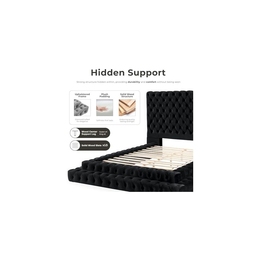 Sable Fabric Upholstered Step Up King-Size Platform Bed with Oversized Headboard, Deep Button Tufting, No Box Spring Required for Bedroom, Guest Room, Black