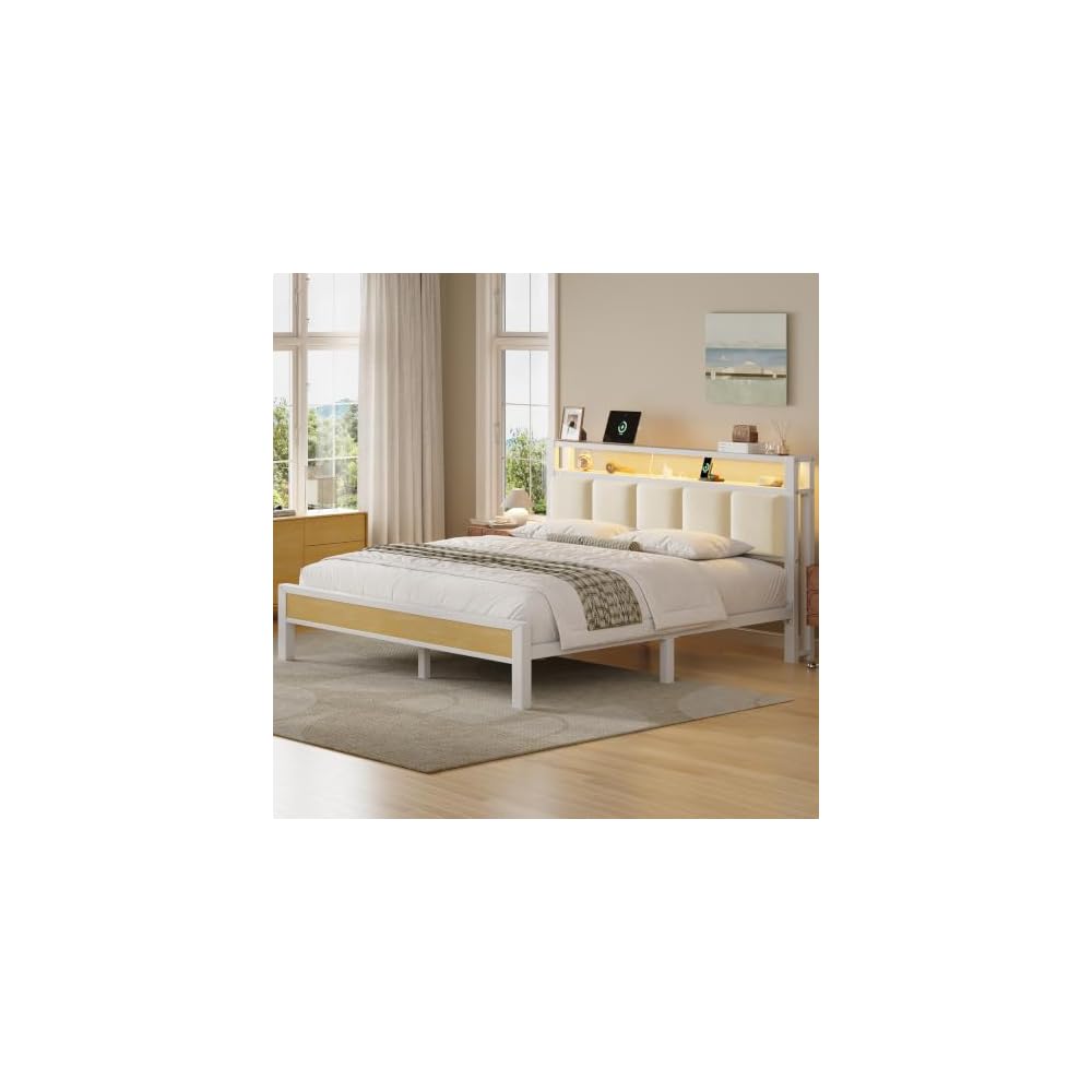 Queen Size Bed Frame with Charging Station and LED Lights, White