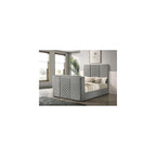 Contemporary Upholstered Velvet Queen Panel TV Bed, Gray Quilted Headboard, Motorized TV Lift, Built-in Power Outlet, Black Legs, Wood Frame, Bedroom Furniture, 95.25 in