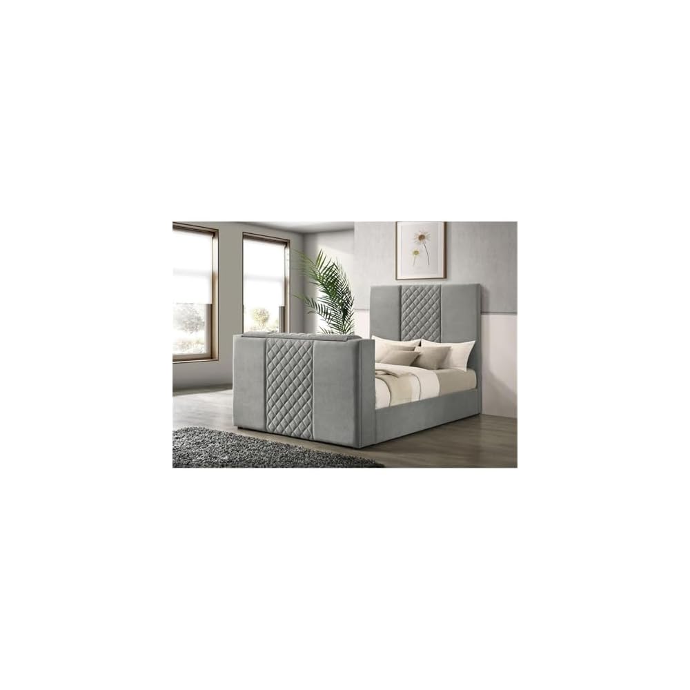 Contemporary Upholstered Velvet Queen Panel TV Bed, Gray Quilted Headboard, Motorized TV Lift, Built-in Power Outlet, Black Legs, Wood Frame, Bedroom Furniture, 95.25 in