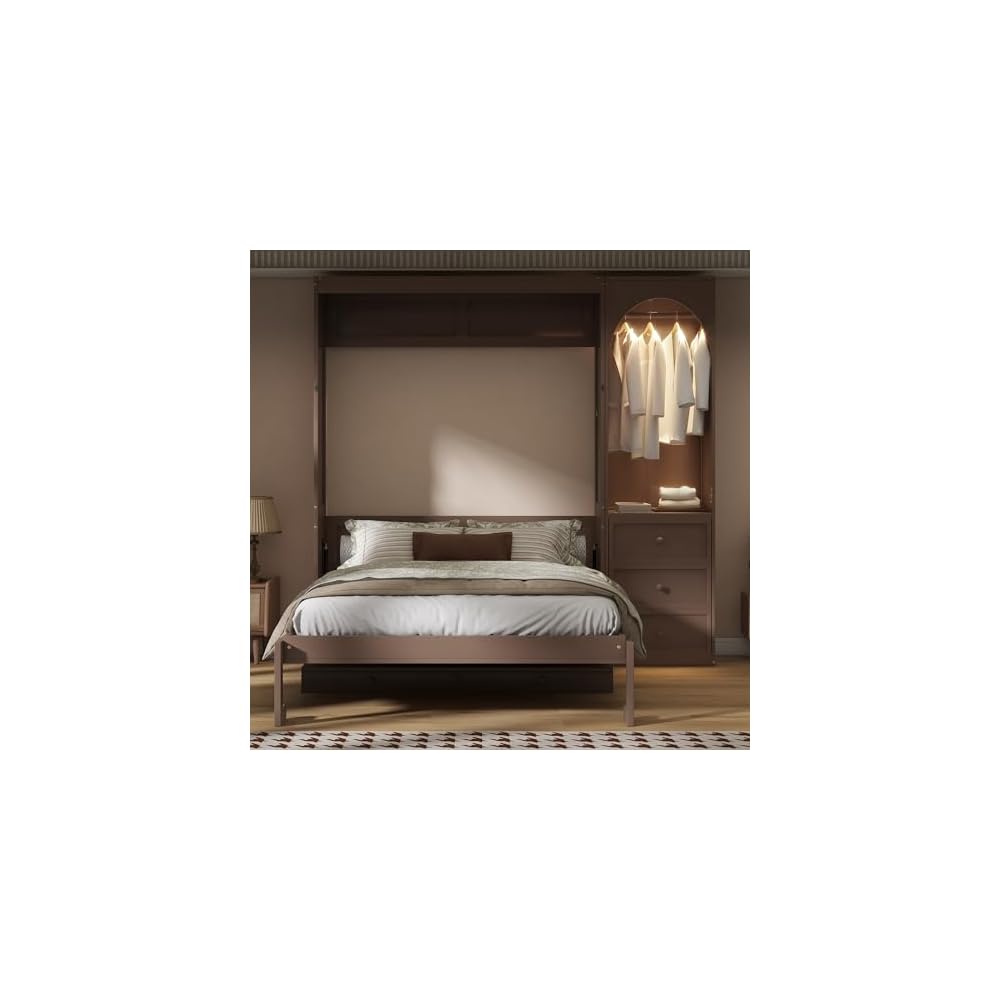 Queen Murphy Bed with Desk and Storage & LED Light, Solid Wood Murphy Wall Bed Cabinet with Storage Drawers &Clothes Rack,Space Saving for Office Bedroom Library,Guest Room (Queen,Brown)
