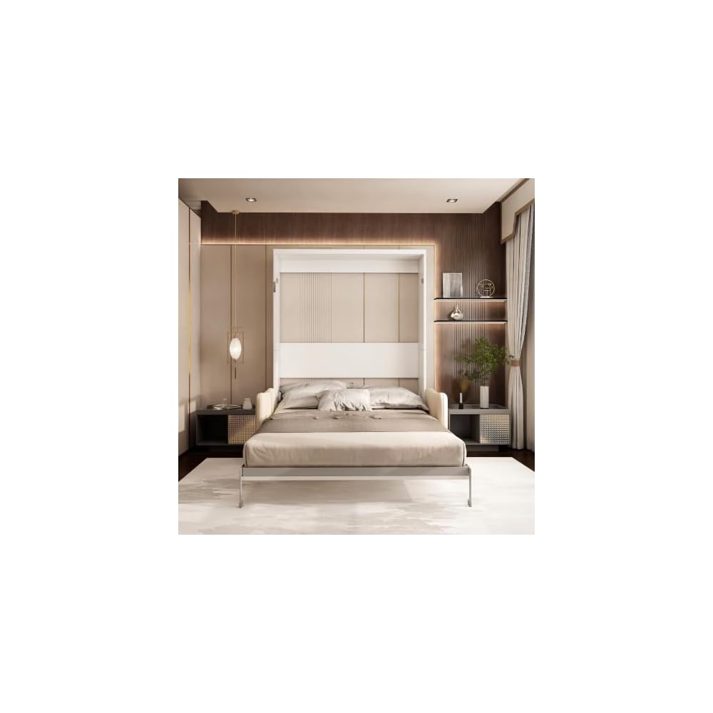 Queen Murphy Bed with Sofa, Space-Saving Wall Bed, Metal Frame, White