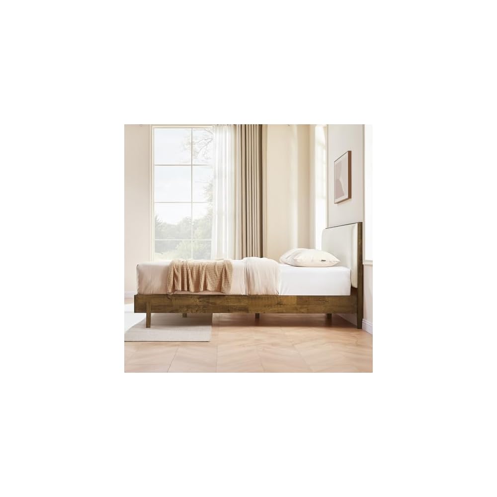 Queen Size Platform Bed, with Boucle Upholstered Headboard, Walnut