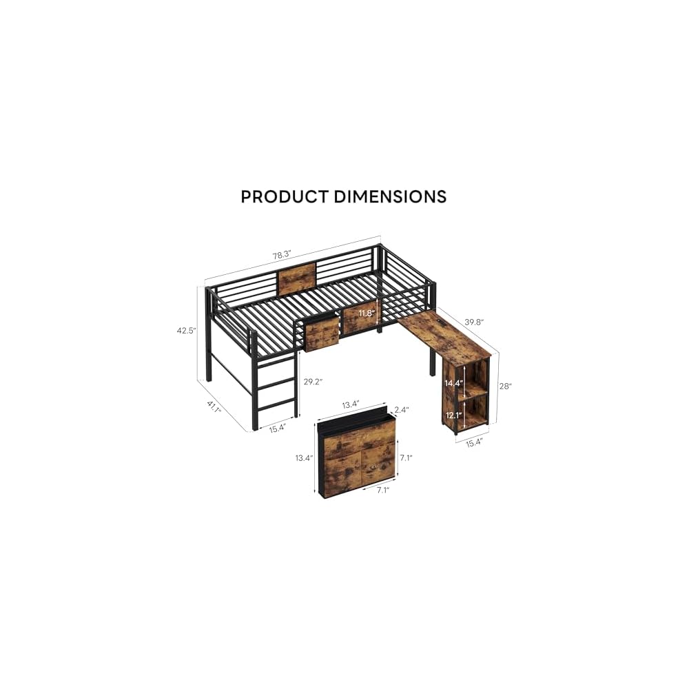 Low Loft Bed Twin Size with Desk & 25 Heavy-Duty Steel Slats
