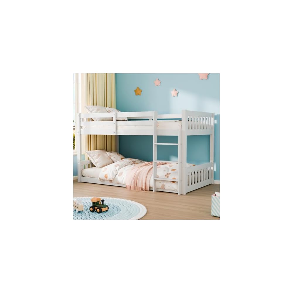 Solid Wood Low Twin Over Twin Bunk Bed for Kids/Junior, Bunk Bed Frame with Guardrails & Ladder for Boys Girls, No Box Spring Needed (White)