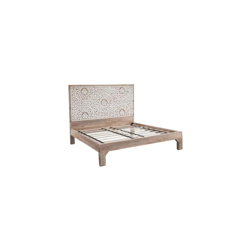 Haveli Mango Wood Geometric Carved King Bed in Natural