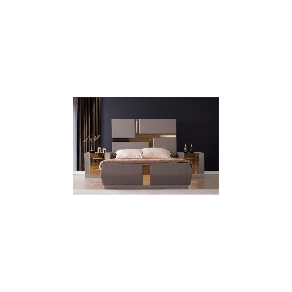 Lorenzo Modern Gold Detailed Tufted King Bed Made with Wood in River Sand Gray