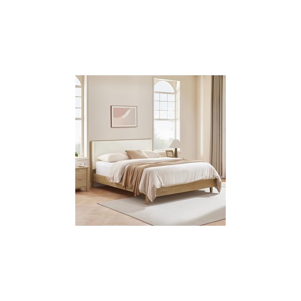 Queen Size Platform Bed Frame, with Boucle Upholstered Headboard, Oak
