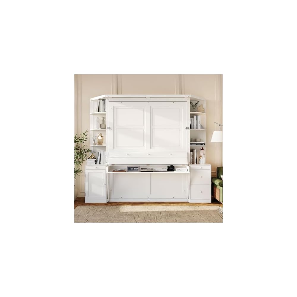 Queen Murphy Bed with Storage Shelves and Desk,Cabinets,Lights,White