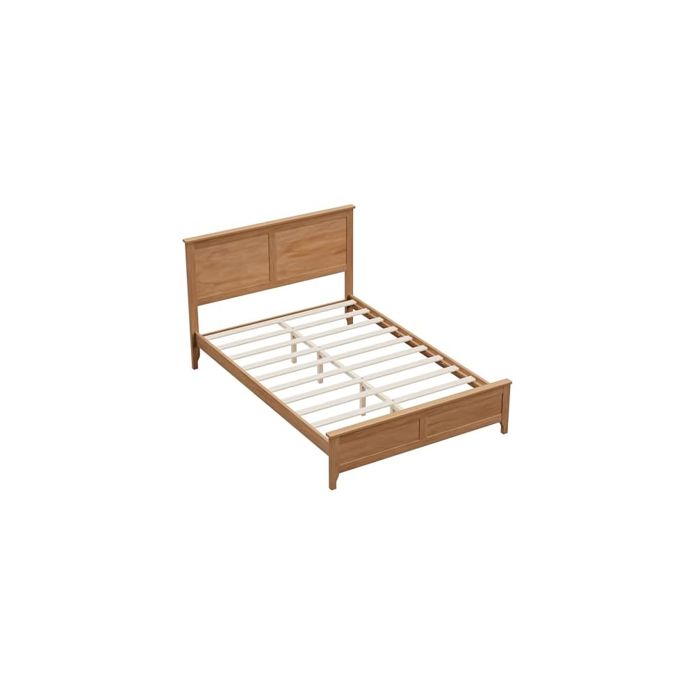 Full Size Pinewood Platform Bed, Modern Bed Frame with Tall Headboard, Solid Bedframe Full-Size for Bedroom Guest Room, Wood Slat Support, No Box Spring Needed, Easy Assembly, Brown