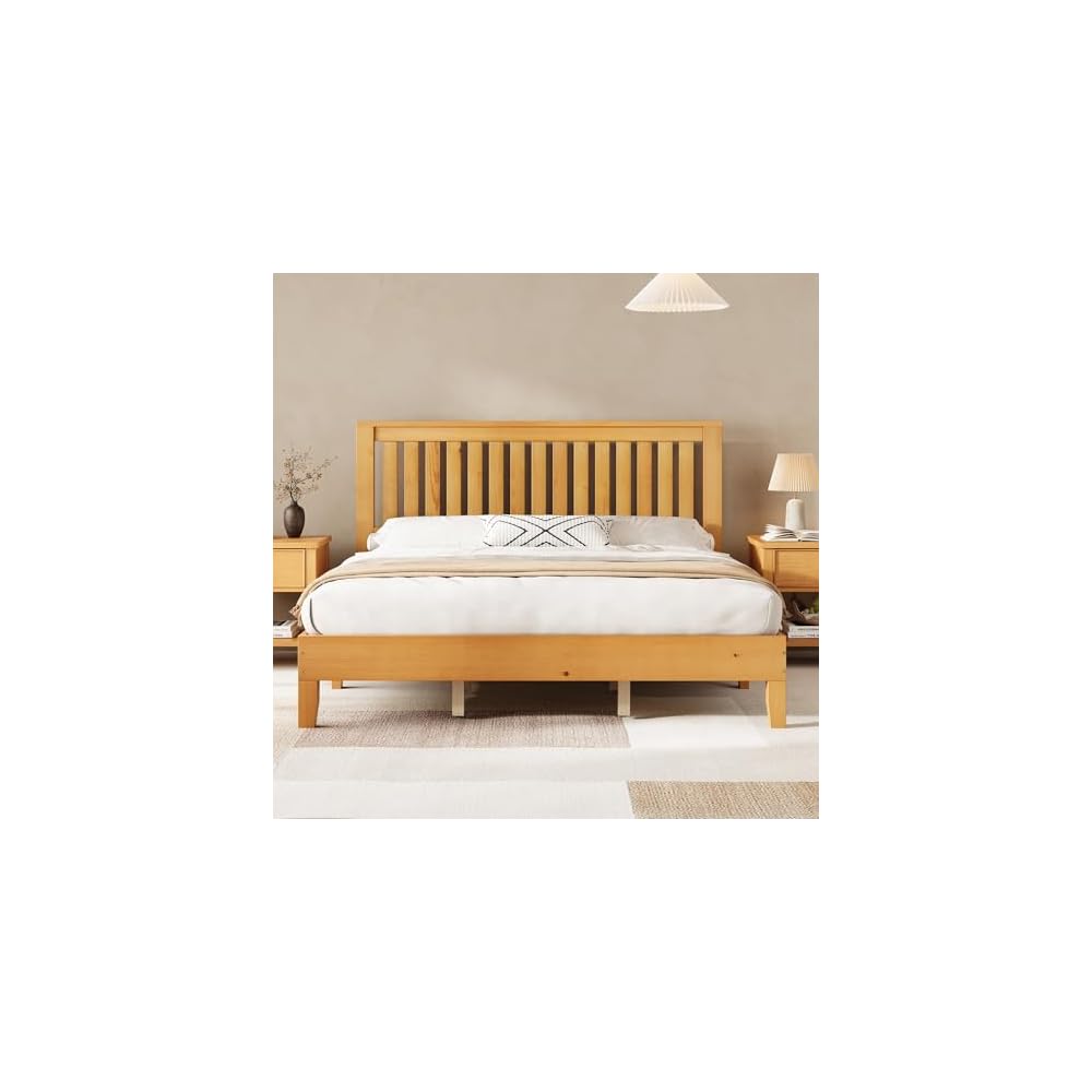 Solid Wood King Size Bed Frame with 46" Headboard, Light Wood