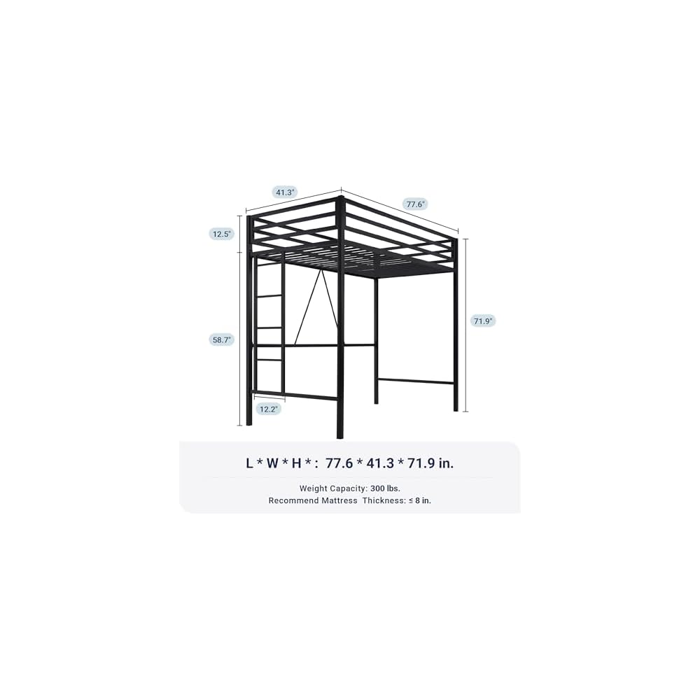 Metal Loft Bed Twin Size with Guardrail and Ladder,Black