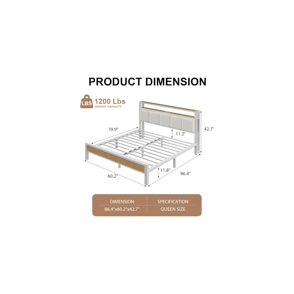 Queen Size Bed Frame with Charging Station and LED Lights, White