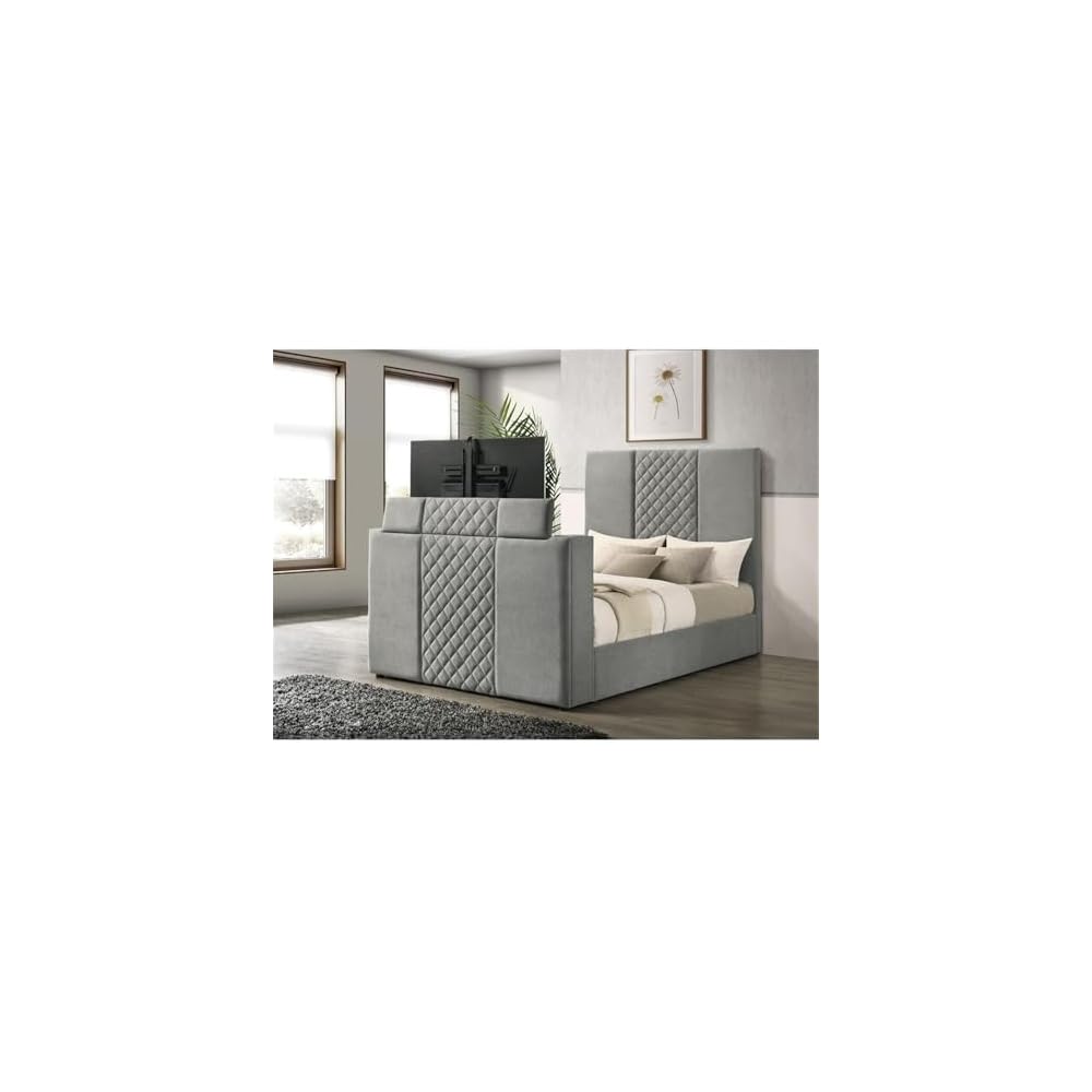 Contemporary Upholstered Velvet Queen Panel TV Bed, Gray Quilted Headboard, Motorized TV Lift, Built-in Power Outlet, Black Legs, Wood Frame, Bedroom Furniture, 95.25 in